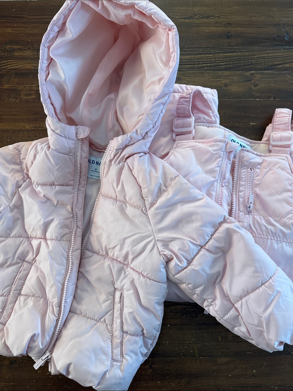 Old Navy Light Pink Quilted Puffer Jacket with Matching Snow Bibs